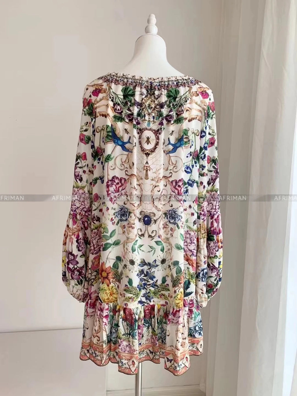Women Retro Slash Collar Crystal Beaded Floral Print Flare Sleeve 100%