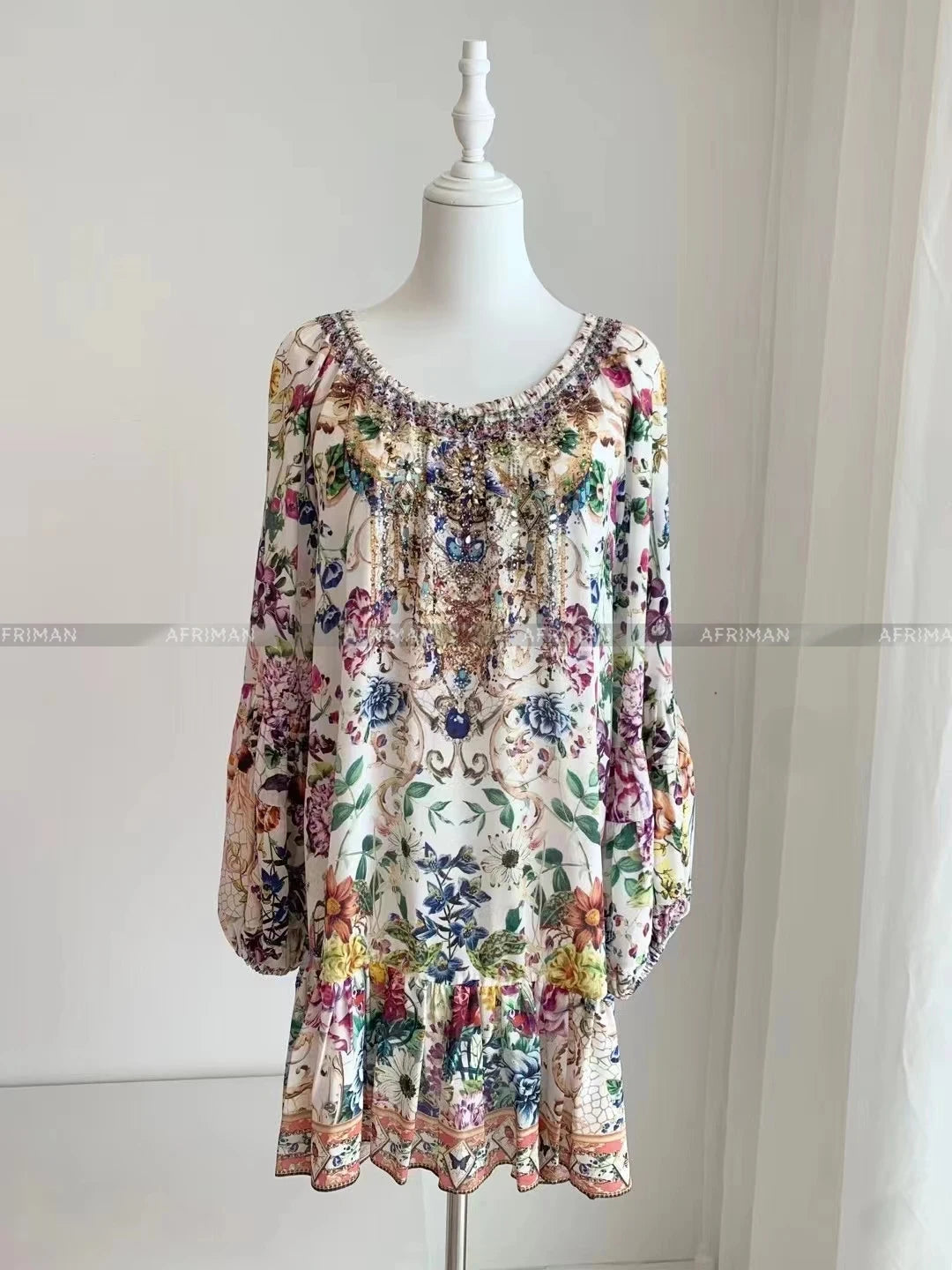 Women Retro Slash Collar Crystal Beaded Floral Print Flare Sleeve 100%